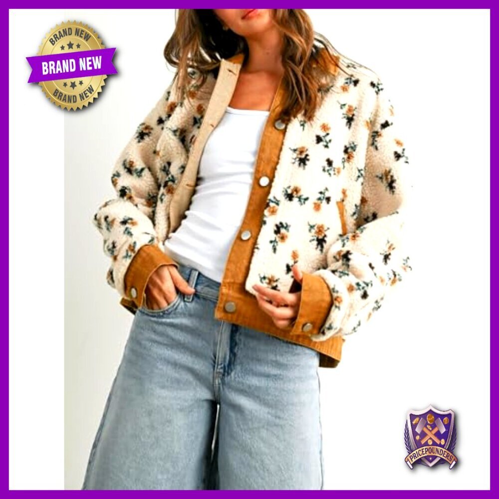 Oversized Sherpa Fleece Jacket Denim Collar Floral Print Button Front Pockets - Picture 4 of 7